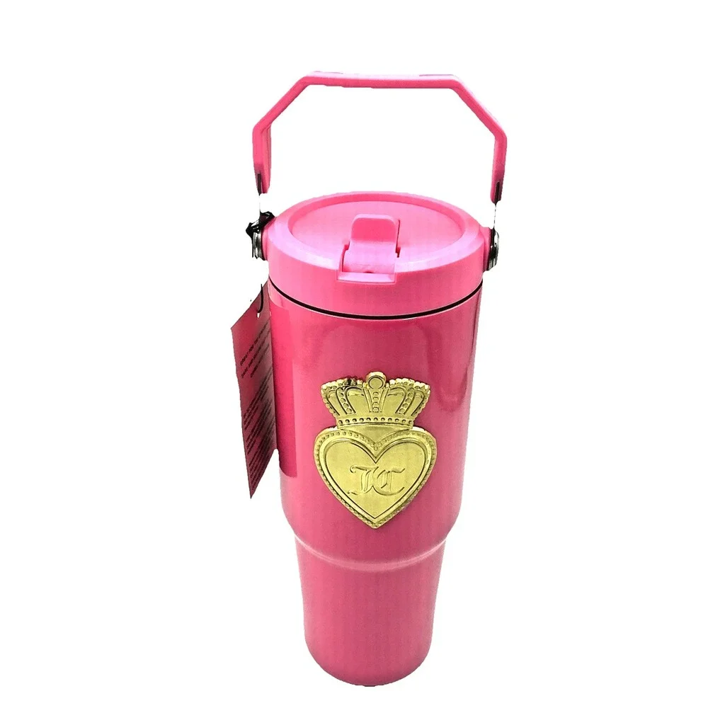 Juicy Couture Pink Insulated Travel Mug 30 Oz Tumbler Pop Up Straw Carry Handle